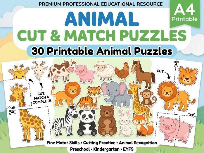 Animal Cut and Match Puzzles | Farm, Zoo & Wild Animals | Fine Motor Skills Activity
