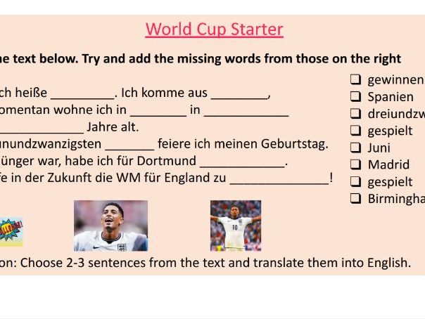 German World Cup 2026 Gap-fill starter activities