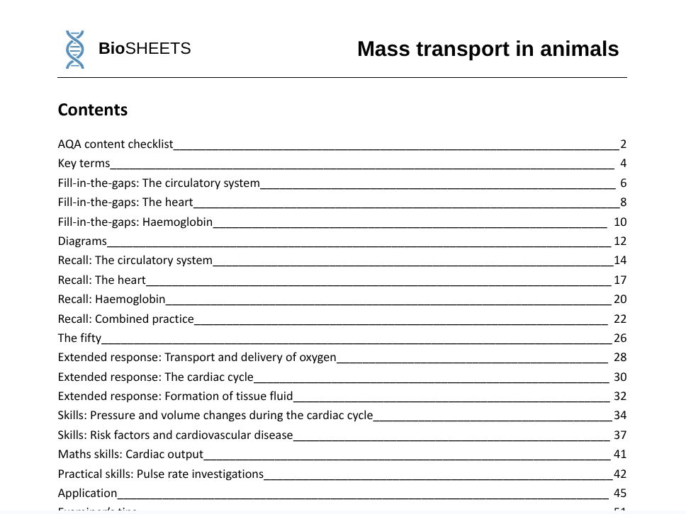 AQA A-Level Biology: 3.4.1 Mass transport in animals – BioSHEETS Complete Study & Practice Pack