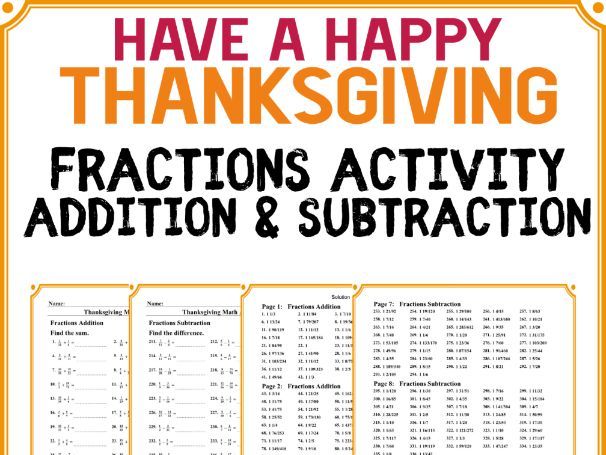 Happy Thanksgiving Fractions Activities – Addition and Subtraction Worksheets for KS2 Maths