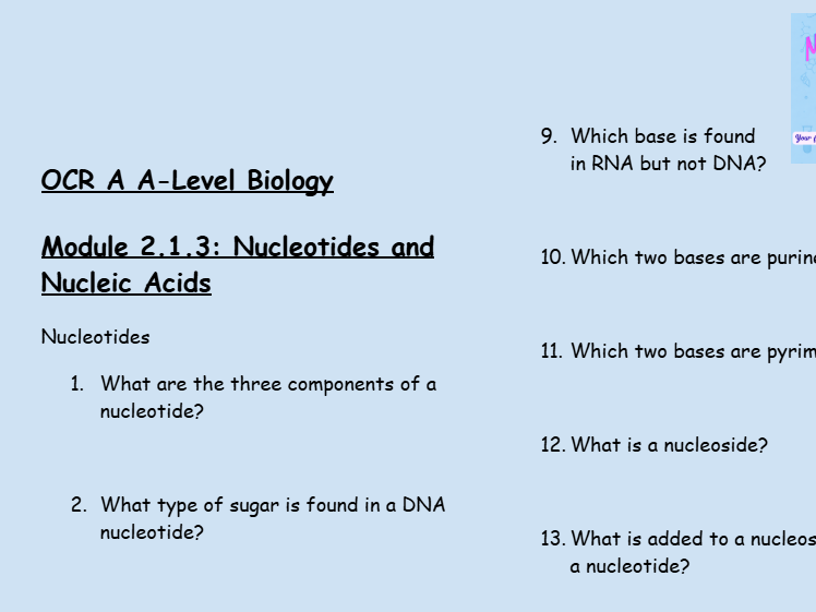 OCR A A-Level Biology: Module 2.1.3 Nucleotides and Nucleic Acids | 50 Questions & Answers