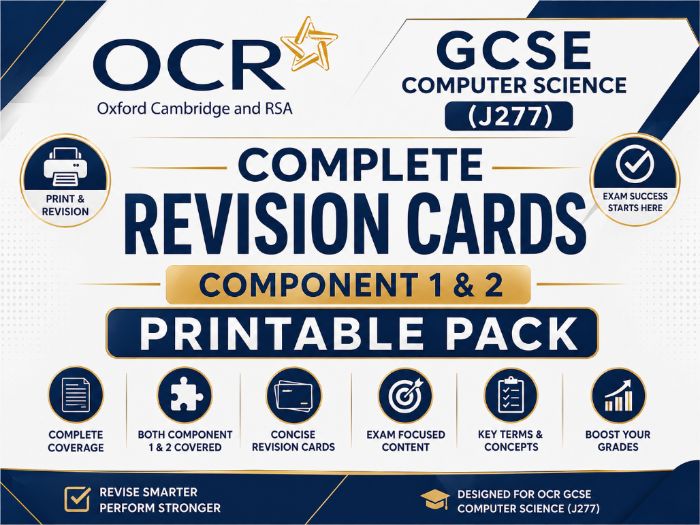 OCR GCSE Computer Science (J277) Complete Revision Cards | Component 1 & 2 Printable Pack