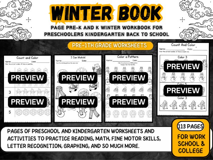 Page Pre-k and K Winter Workbook worksheets back to school