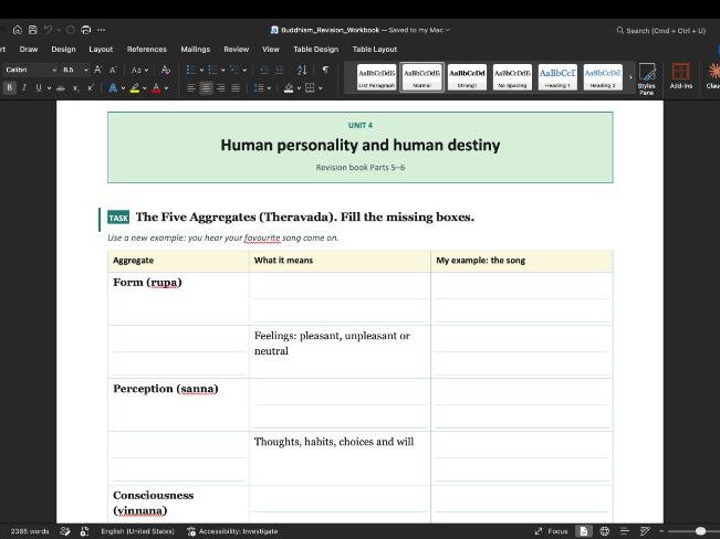 Buddhism revision notes and workbook.