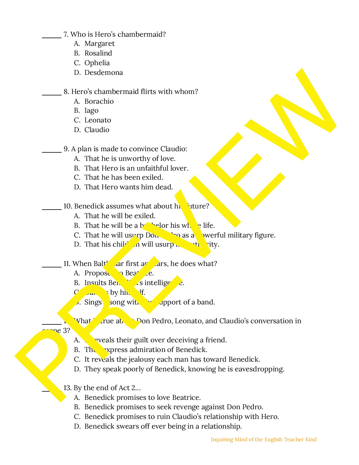 Much Ado About Nothing Quiz Key Act 2 Teaching Resources