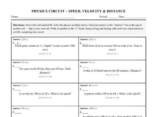 Speed, Velocity and Distance Physics Circuit Worksheet with Answers | KS3 Physics