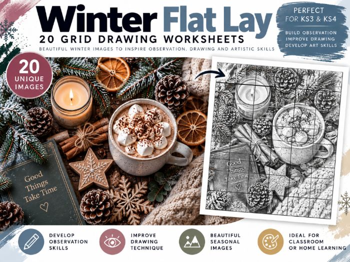 Winter Flat Lay Grid Drawing Worksheets | 20 Art Activities | KS3 KS4 | Observation & Shading