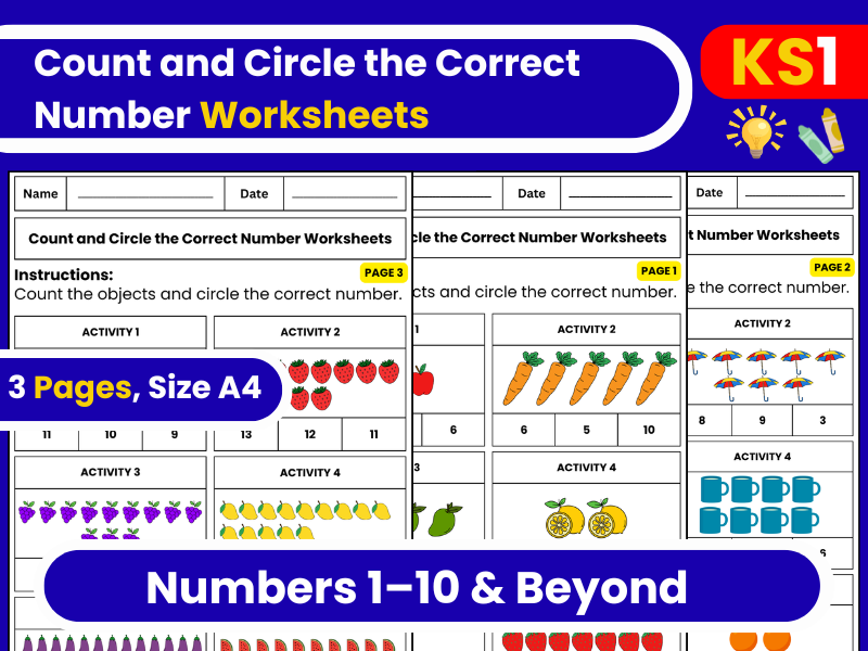 Count and Circle the Correct Number Worksheets | Numbers 1–10 & Beyond | KS1