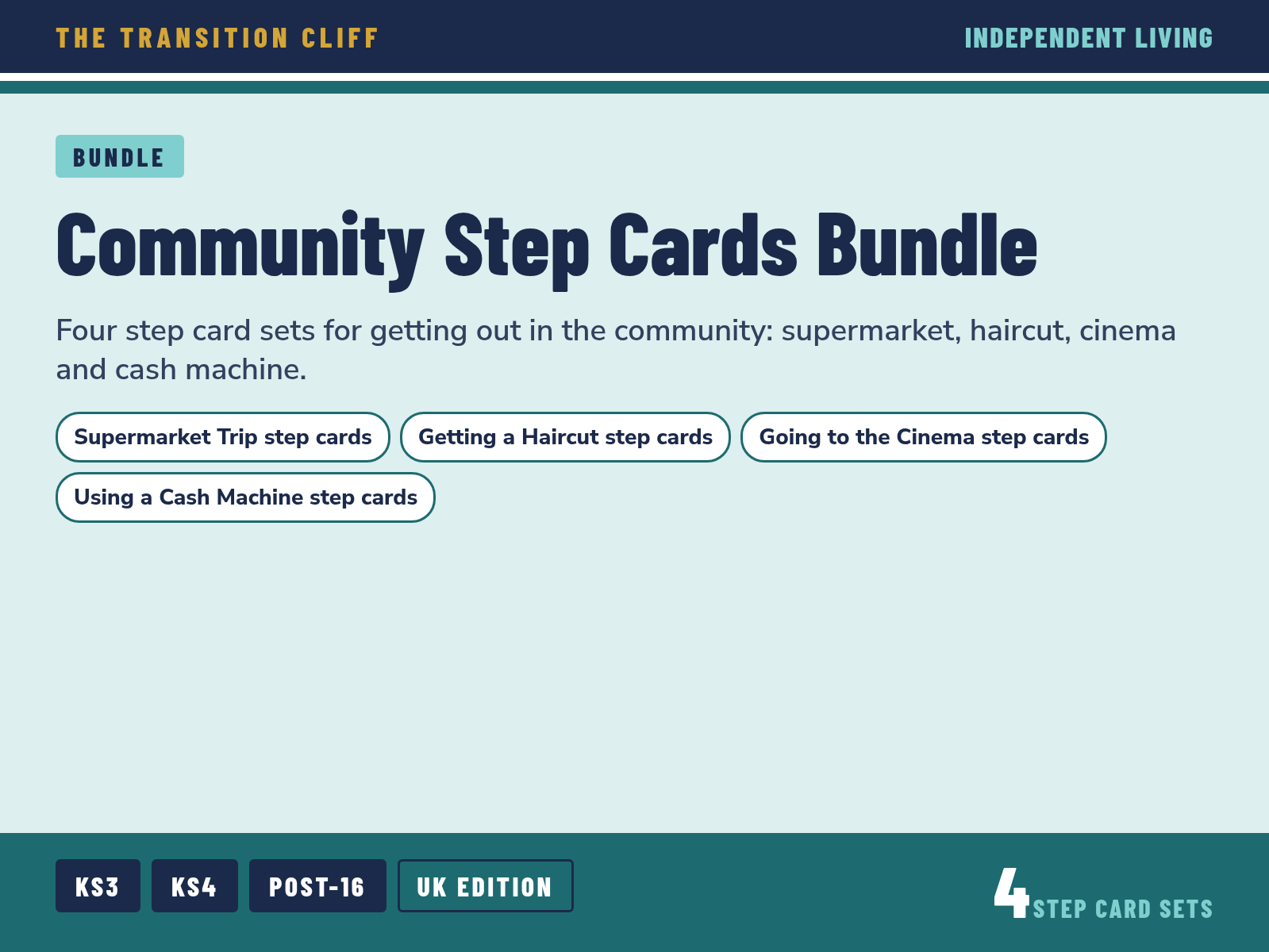 Community Step Cards Bundle for SEND: Supermarket, Haircut, Cinema and Cash Machine (KS3 to Post-16)