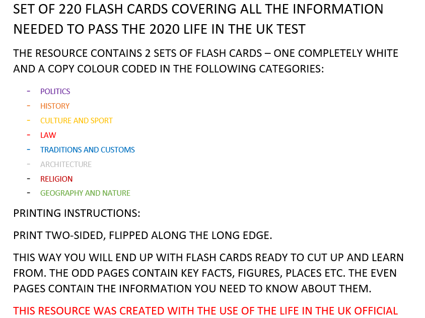 LIFE IN THE UK FLASHCARDS