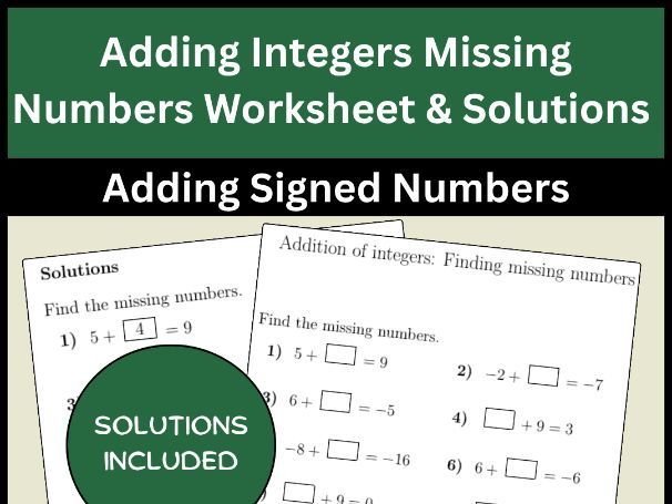 Adding Integers Missing Numbers Worksheet & Solutions | Adding Signed Numbers