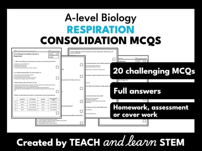 Respiration A-level Biology Exam Style MCQ Worksheet | Homework | Cover Work | Assessment