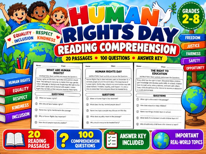 Human Rights Day Reading Comprehension | 20 Passages, 100 Questions & Answer Key
