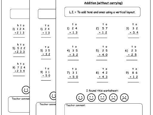 Addition (without Carrying) Differentiated Worksheets (with editable L.I.)
