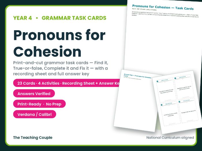 Year 4 Pronouns for Cohesion Grammar Task Cards + Answer Key