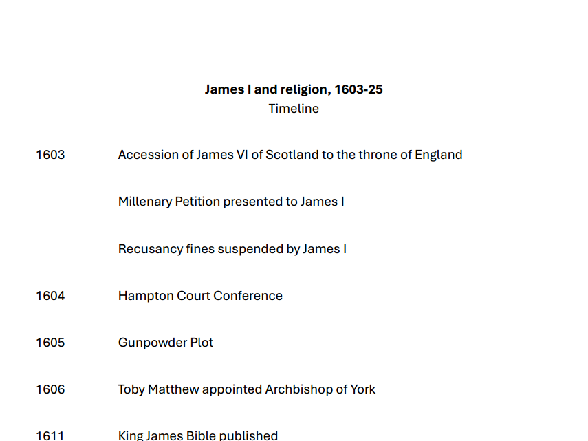 Timeline - James I and religion (OCR A-level history Unit Y108)