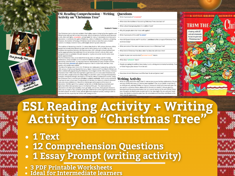 ESL Reading Comprehension + Writing Activity Worksheets on "Christmas Tree"