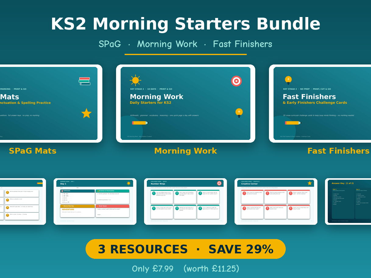 KS2 Morning Starters Bundle | SPaG Mats, Morning Work & Fast Finishers — Print & Go, Self-Marking