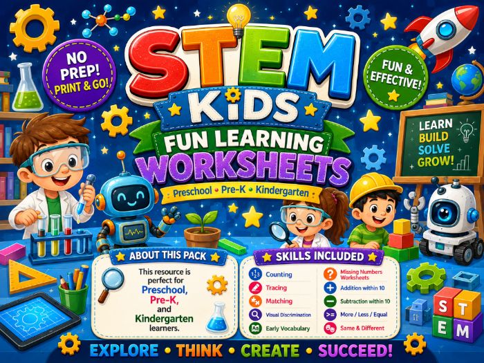 STEM Worksheets for Preschool & Kindergarten | Math, Counting, Tracing & Matching Activities