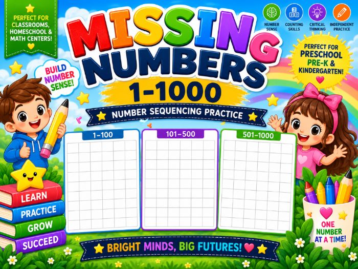 Missing Numbers 1-1000 Worksheets | Number Sequencing Math Practice | Kindergarten 1st 2nd 3rd Grade