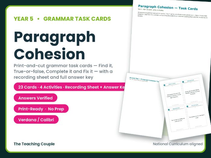 Year 5 Paragraph Cohesion Task Cards – 23 Grammar Cards + Answer Key