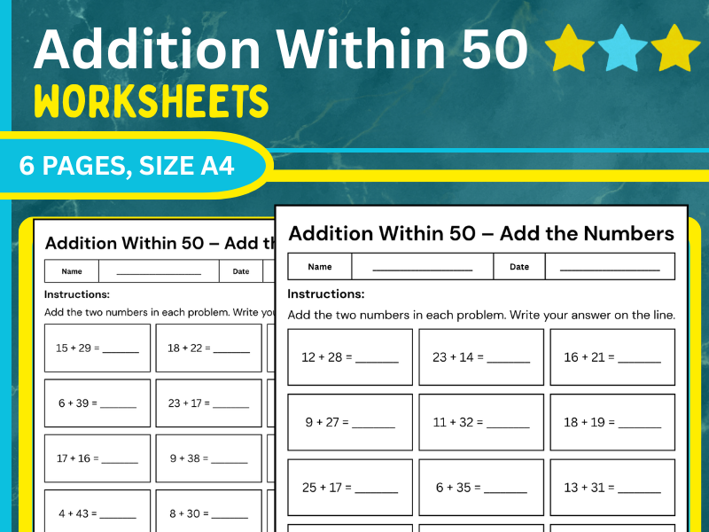 Addition Within 50 – Add the Numbers | Math activities for KS1, KS2 Worksheets