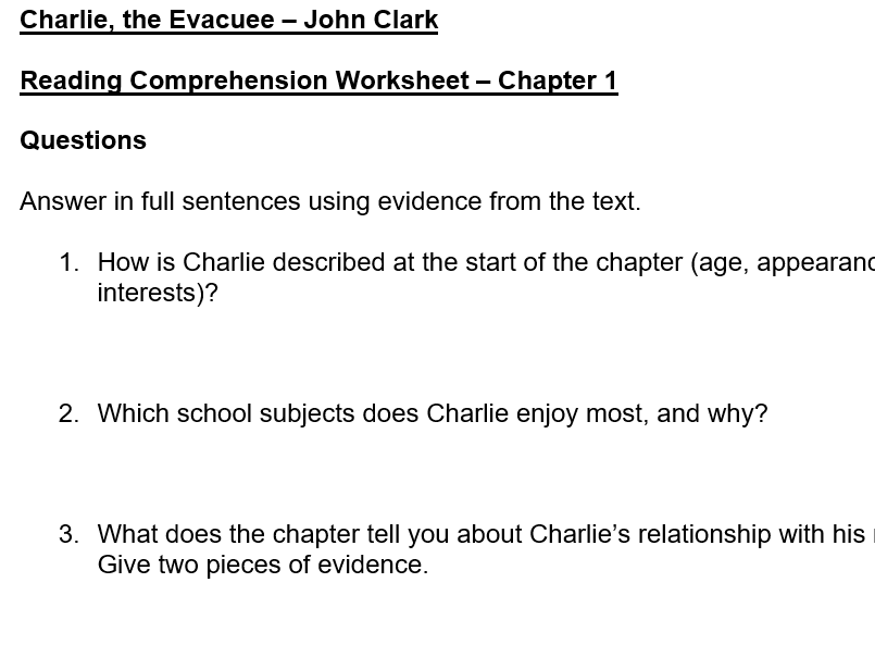 Charlie, the Evacuee – Full Novel Reading Comprehension Pack (KS2)