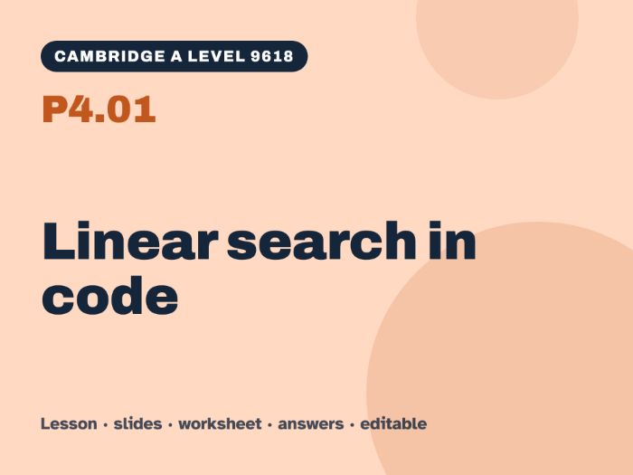 Cambridge A Level Computer Science 9618 – P4.01 Linear search in code – Lesson & Worksheet