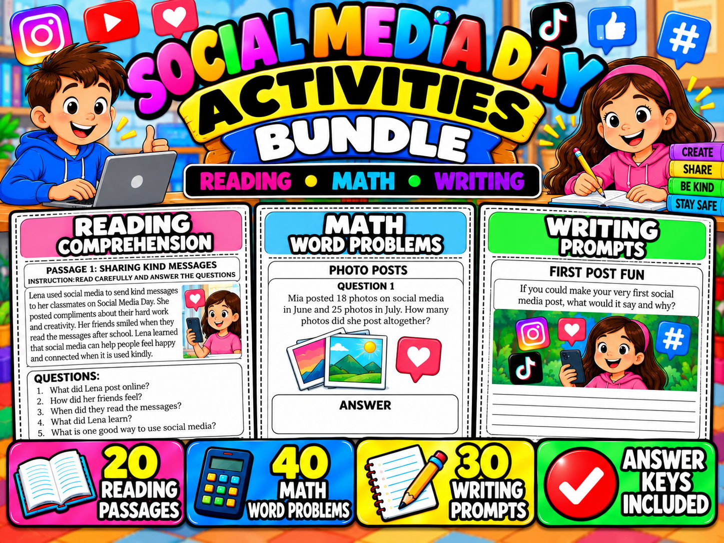 Social Media Day Activities Bundle | Reading Comprehension, Math & Writing