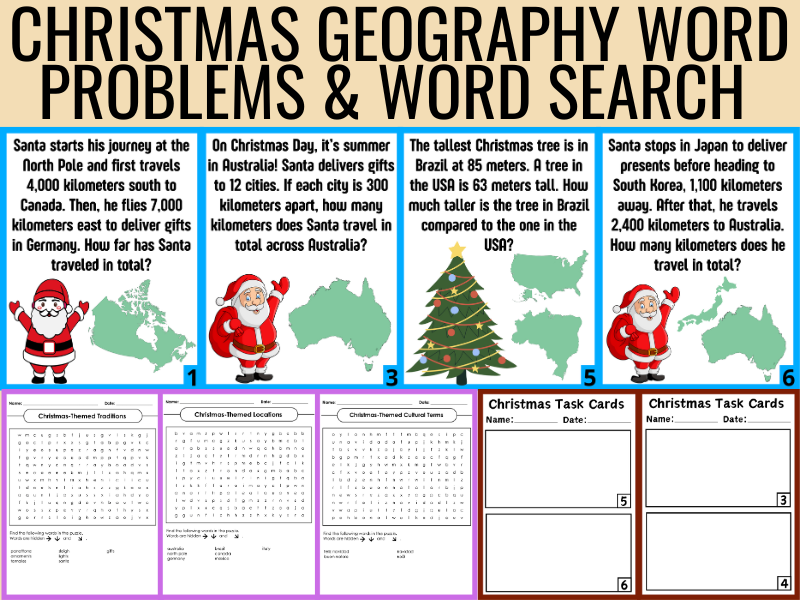 Winter & Christmas Around the World Math & Literacy Pack –  Geography Word Problems & Word Search