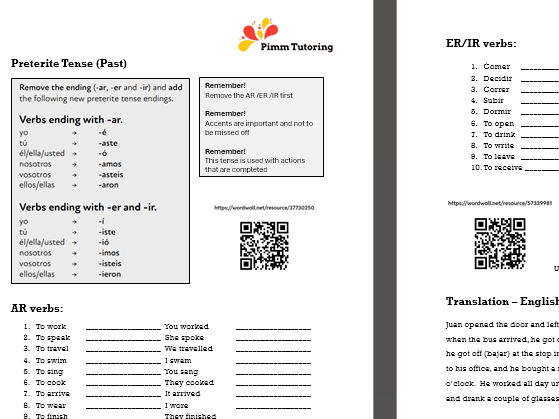 Preterite tense COVER work/revision (incl listening ex & translation)