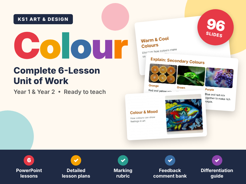KS1 Colour Art Unit- 6 Lessons, Slides & Assessment (Year ½) - BUNDLE