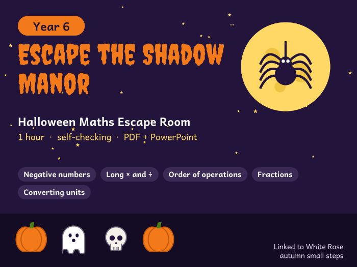 Year 6 Halloween Maths Escape Room: Four Operations, Fractions, Converting Units (Linked to White Ro