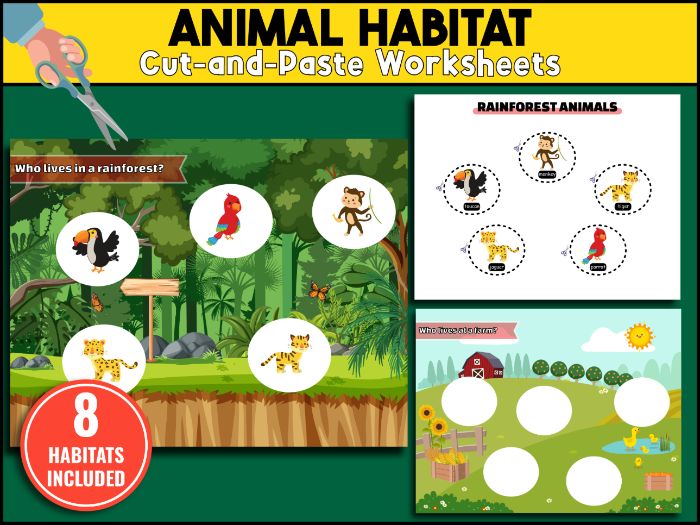Cute Animal Habitats Cut and Paste Activity For Kids - Match Animals to Their Homes