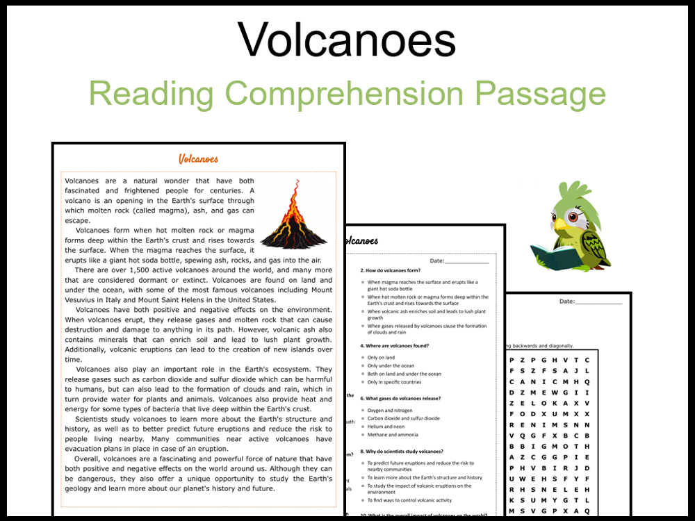 Volcanoes Reading Comprehension and Word Search Teaching Resources