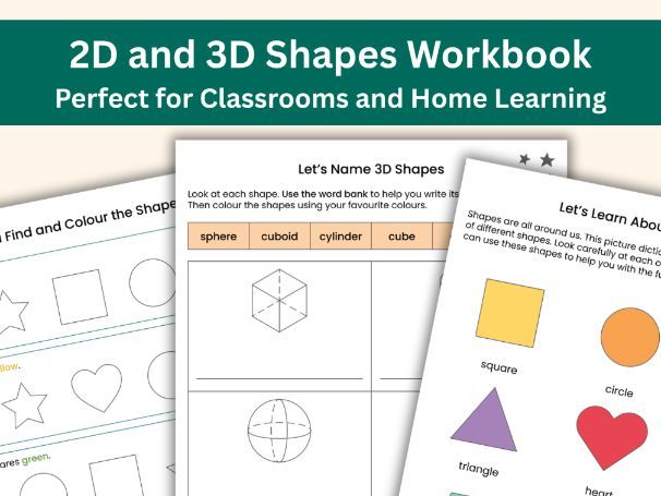 2D and 3D Shapes Workbook | Year 1 Maths Worksheets | KS1 Geometry Printables | Shape Recognition