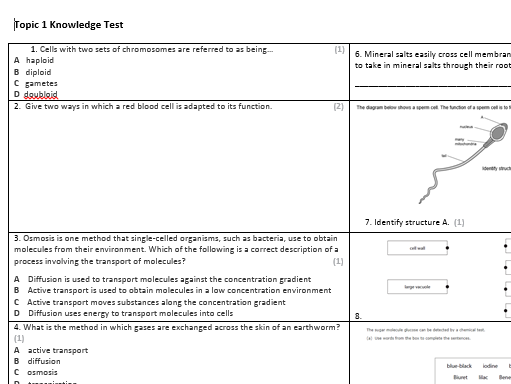 Edexcel Combined Science Biology Knowledge Assessments