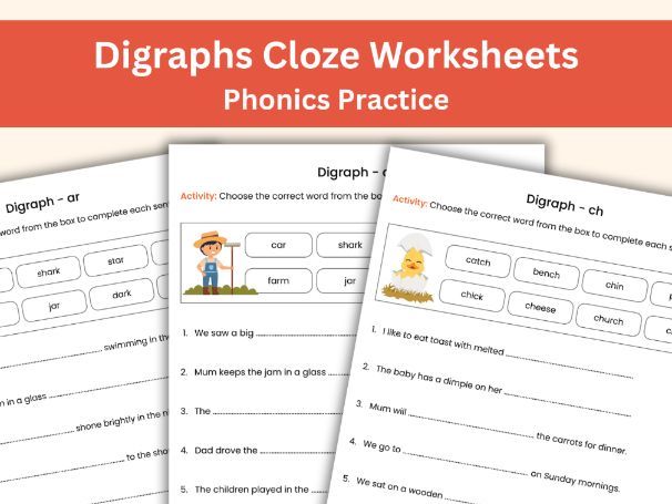 Digraphs Cloze Sentences Worksheets | Phonics Practice for Kids Aged 5-7