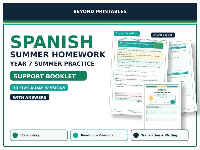 Spanish Summer Homework Booklet: Year 7 Summer Practice Support with Answers