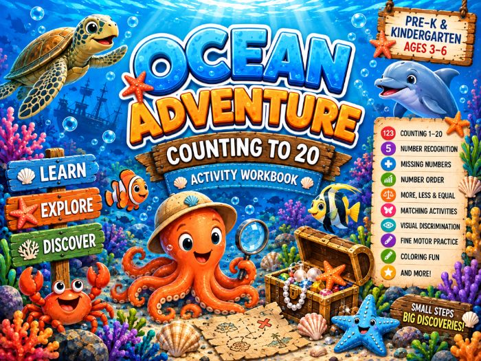 Ocean Counting to 20 Worksheets | Number Recognition & Math Activities | Pre-K Kindergarten