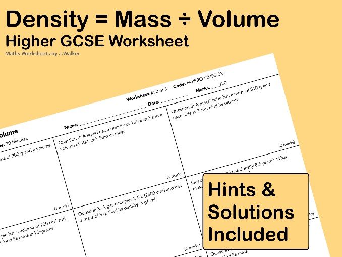 GCSE Maths Worksheet: Density = Mass ÷ Volume - Higher Tier