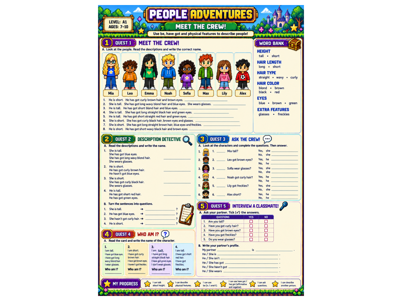 People Adventures | A1 ESL Worksheet Pack | Describing People