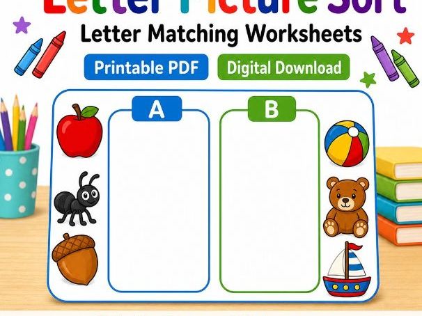 Letter Picture Sort | Letter Matching Worksheets | Printable PDF | Digital Download