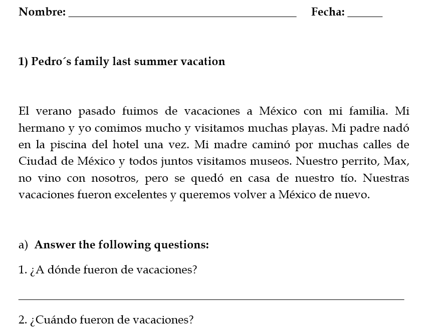 Spanish Reading Simple Past Tense | Editable