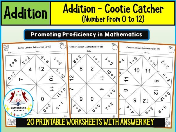 Addition Cootie Catcher (0–12) Puzzle Game Worksheets