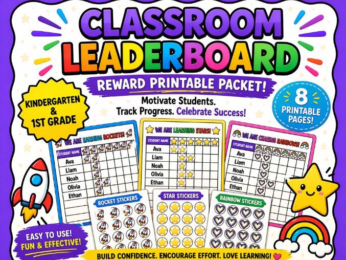 Kindergarten & 1st Grade Leaderboard Reward System, Printable Sticker Charts for Motivation