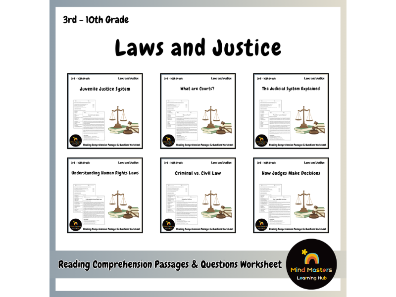 Laws and Justice Reading Comprehension Passages & Questions Worksheets Bundle