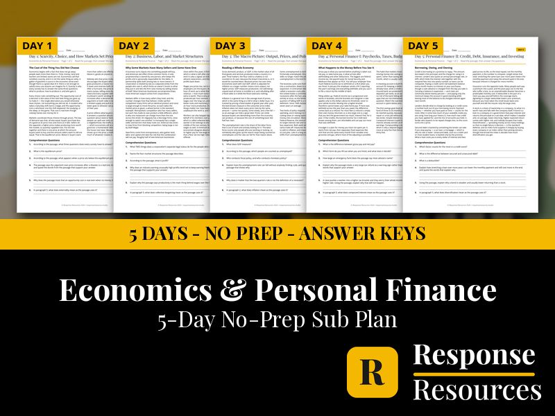 Economics and Personal Finance Emergency Sub Plans - 5 Days No Prep Print and Go