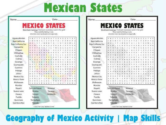 Mexican States Word Search Puzzle | Geography of Mexico Activity | Map Skills