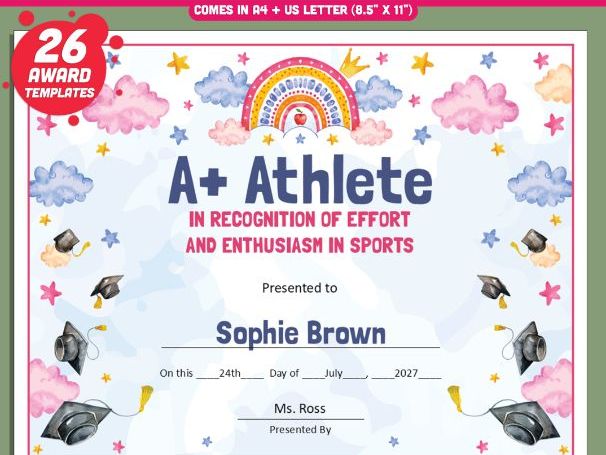 Editable Middle School End-of-Year Class Awards, 26 Printable Recognition Designs